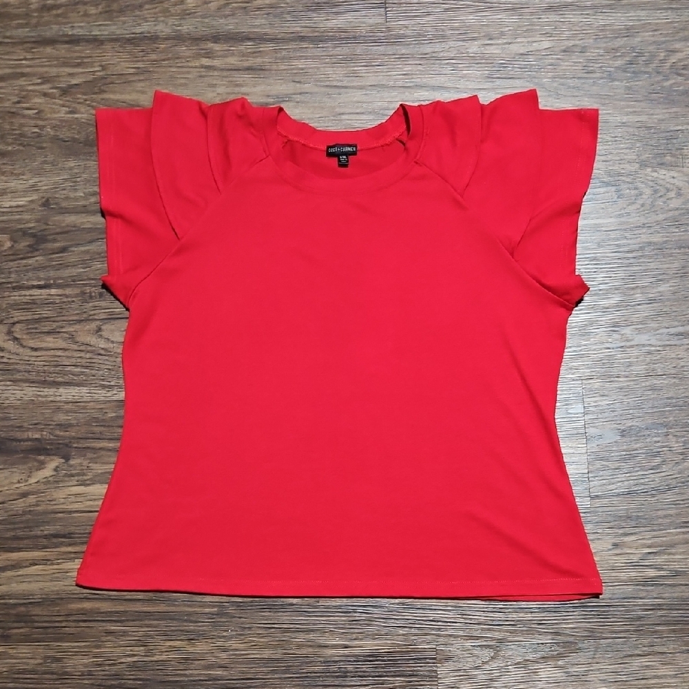Coco + Carmen Red Short-Sleeve Ruffle Shoulder Top, Size L/XL